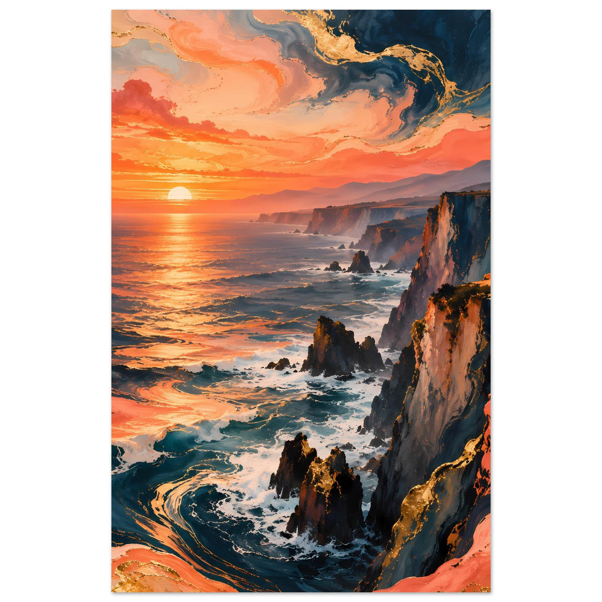 Wandposter im Hochformat: Sonnenuntergang über Klippen, Meer mit Wellen und orangefarbenem Himmel