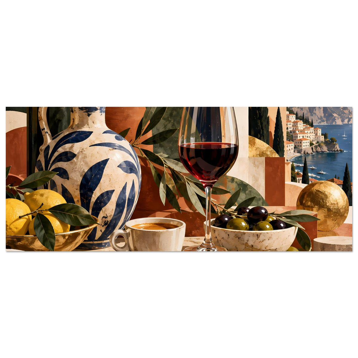 Querformat-Poster mit Stillleben: Flasche, Vase, Weinglas, Tasse und Schale mit Oliven