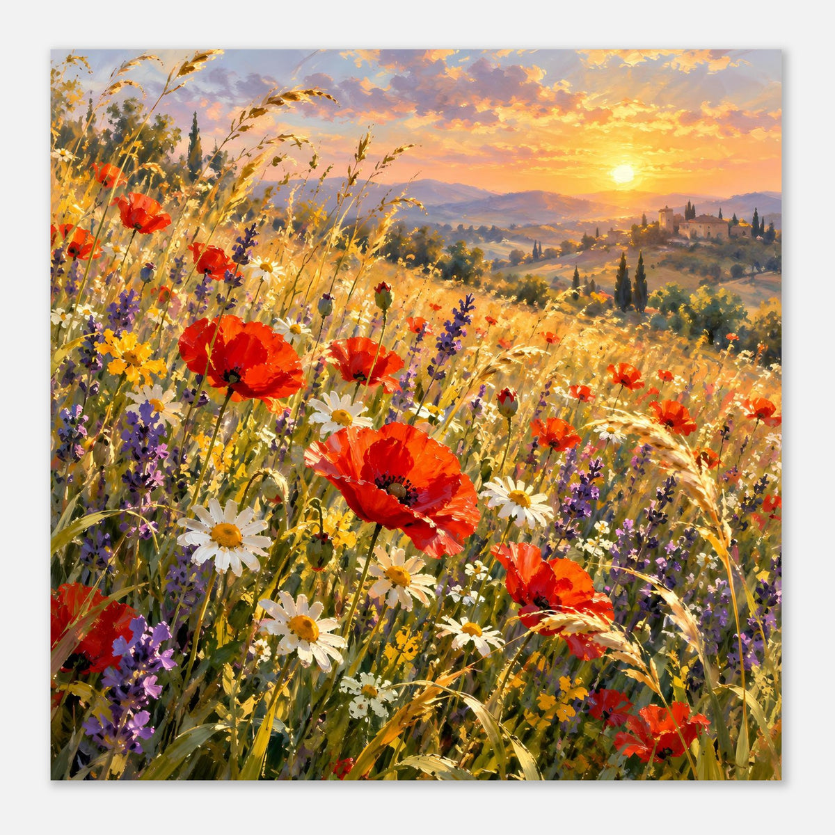Wildblumen-Poster: sonnenbeschienene Blumenwiese mit roten Mohnblüten und Berglandschaft