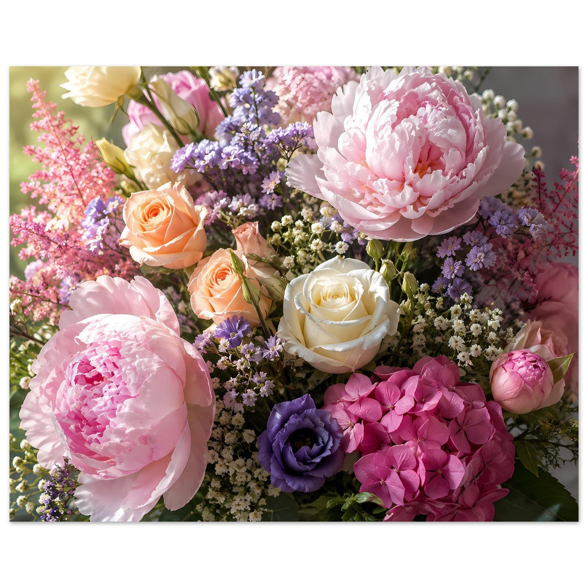 Blumenstrauß-Poster mit Pfingstrosen, Rosen in Creme, Orange, Rosa und Violett