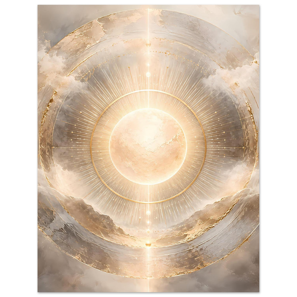 Kosmos-Poster mit zentrierter Sonnen-Scheibe und goldenen Kreisringen, hochkant