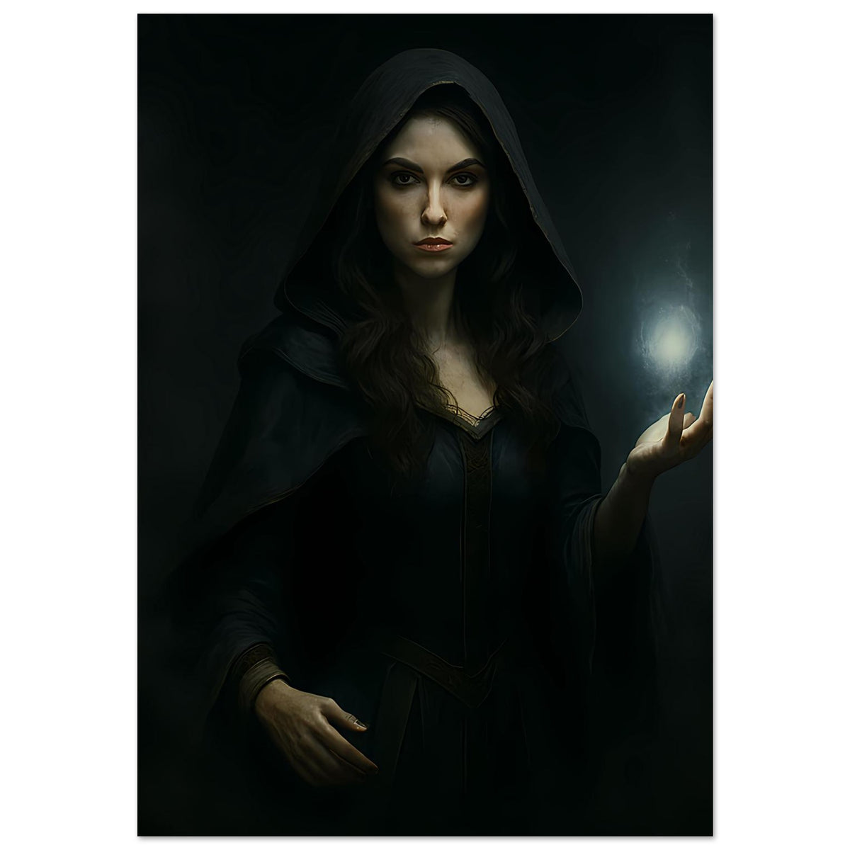 Fantasy-Poster: Hexe im dunklen Kapuzenumhang, Blick nach vorn, Lichtkugel rechts