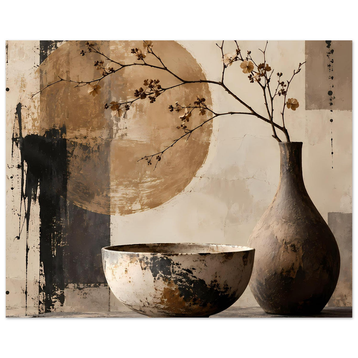 Horizontales Stillleben-Poster mit dunkler Vase rechts, heller Keramikschale vorn und blühenden Zweigen