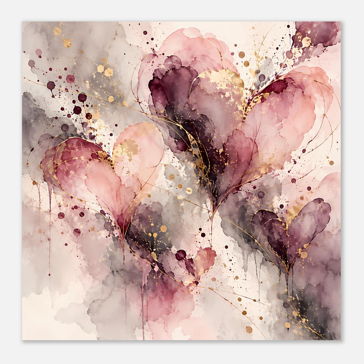 Poster mit abstrakten Herzen in Soft-Rosa, Dunkelviolett, Grau und goldenen Akzenten