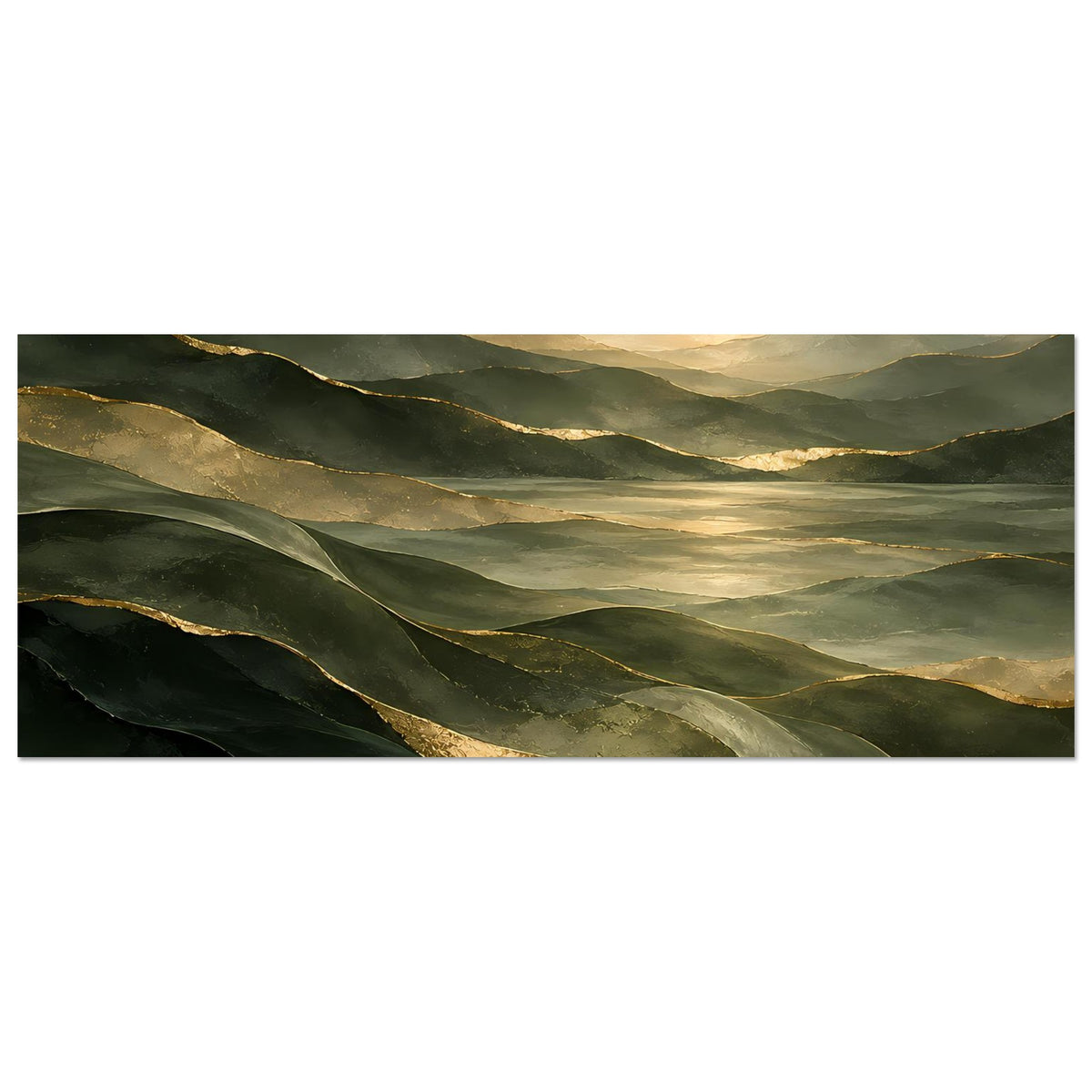 Landschafts-Poster, Panoramaansicht: grüne Hügel mit goldenen Akzenten, horizontal.