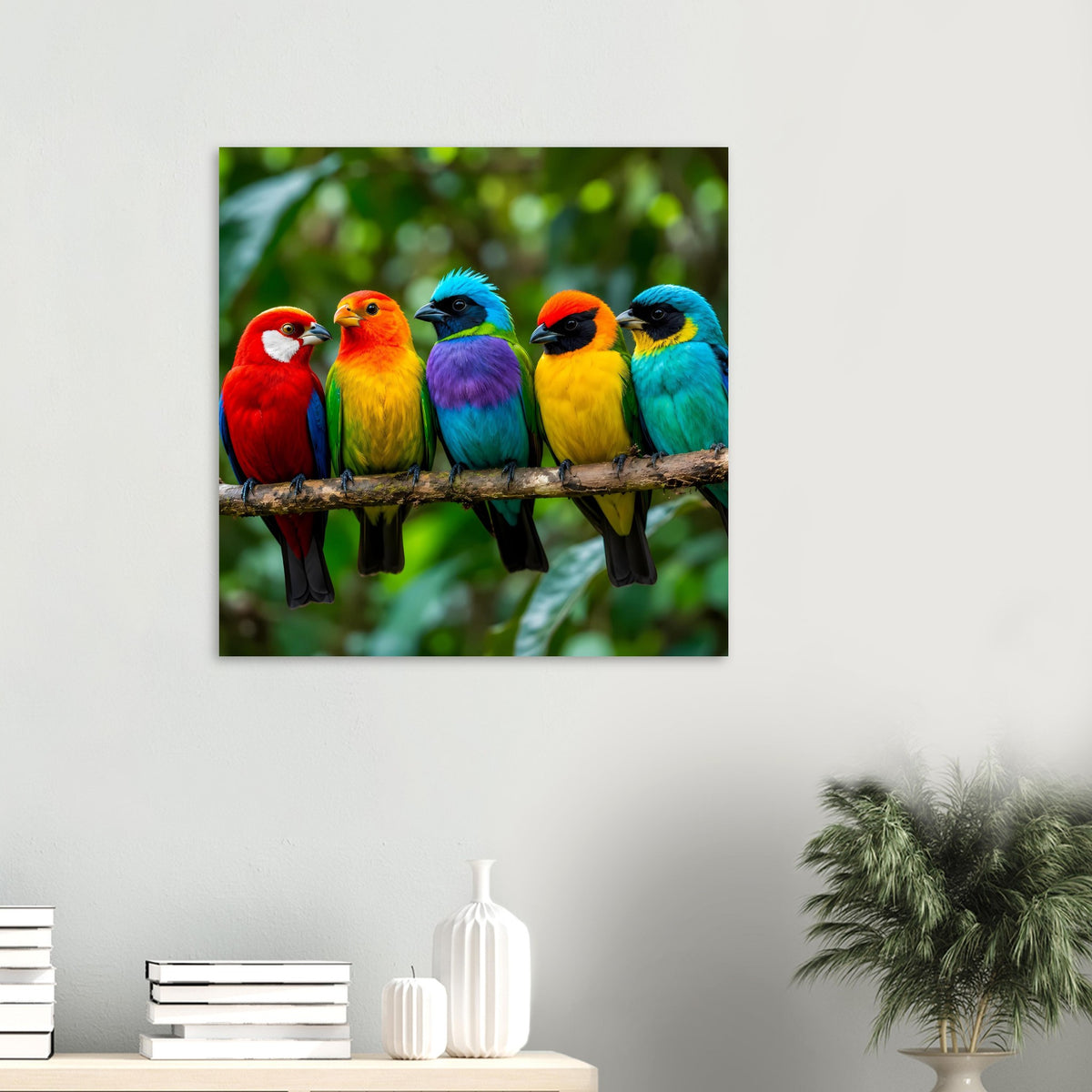 Quadratisches Poster mit bunten tropischen Vögeln auf einem Ast im Regenwald-Grün