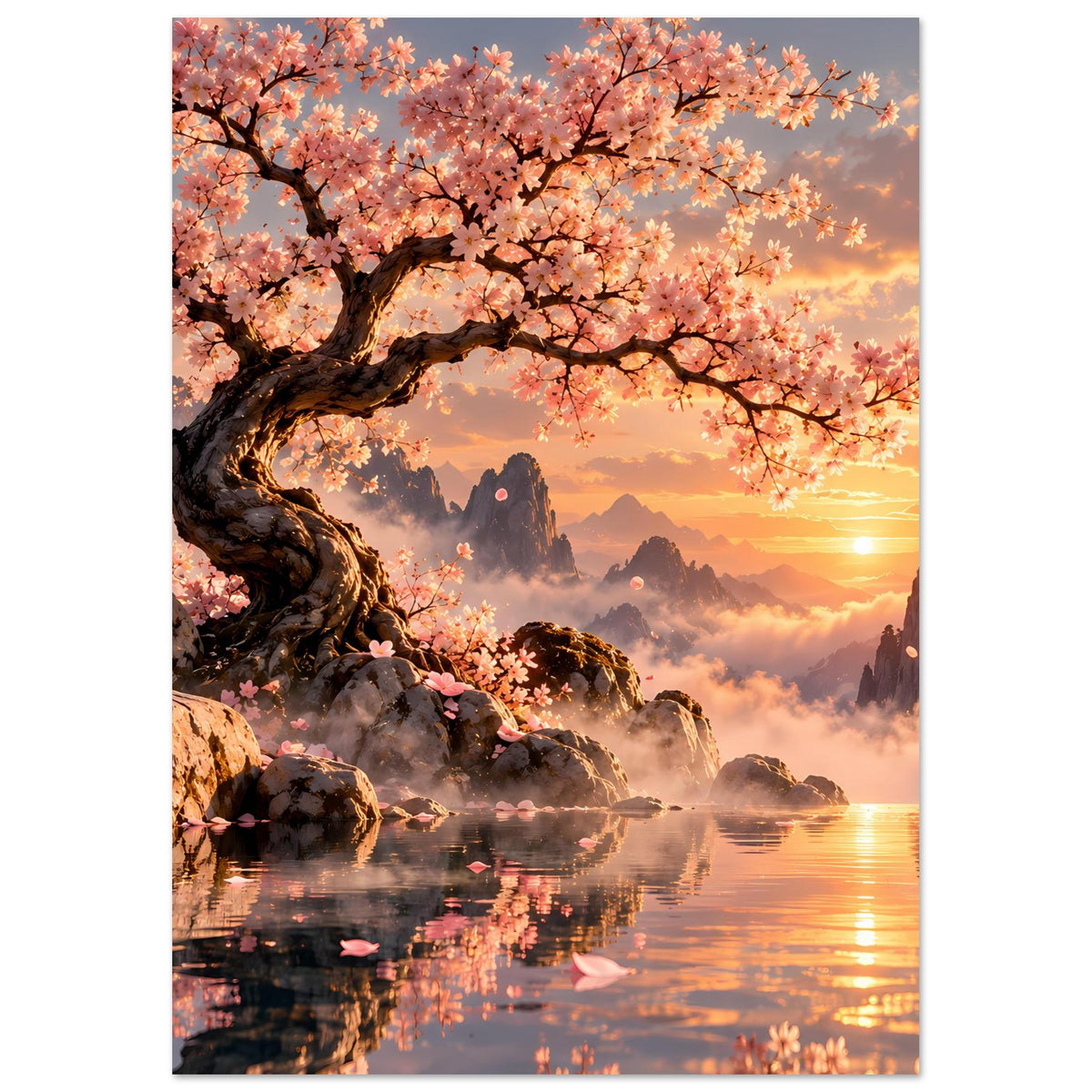 Poster mit Kirschbaum und rosa Blüten über ruhigem See, goldene Sonnenstrahlen am Horizont