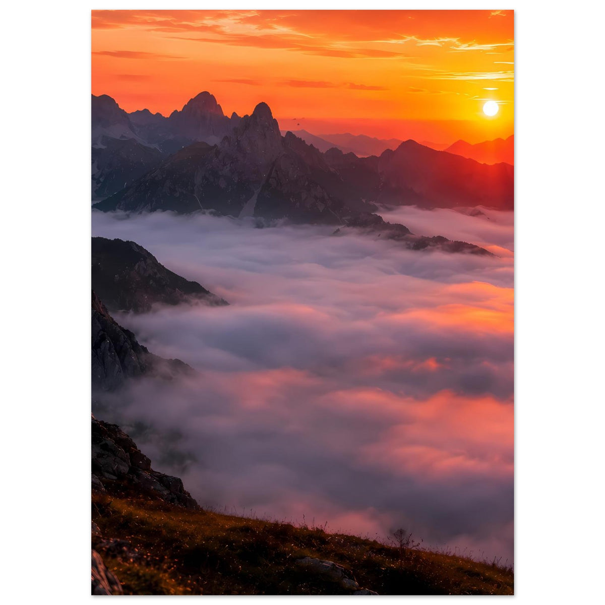 Poster im Hochformat mit Sonnenuntergang über Bergen und violettem Wolkenmeer