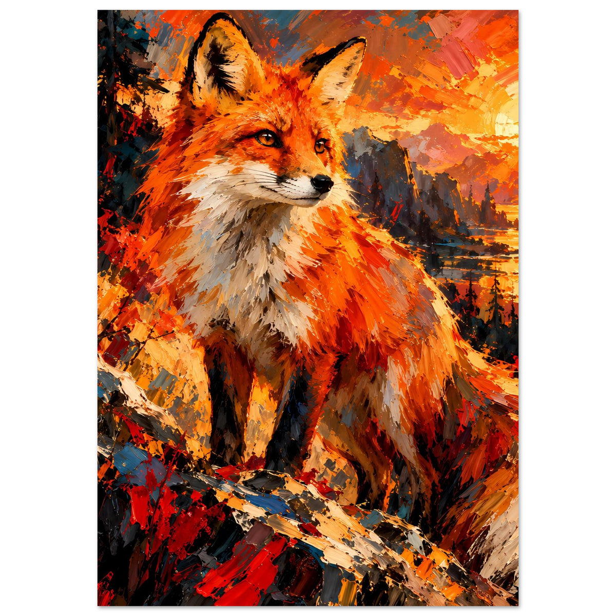 Poster mit Fuchs-Porträt, hochkant mit Fokus auf Kopf und Fell, warmer Malstil