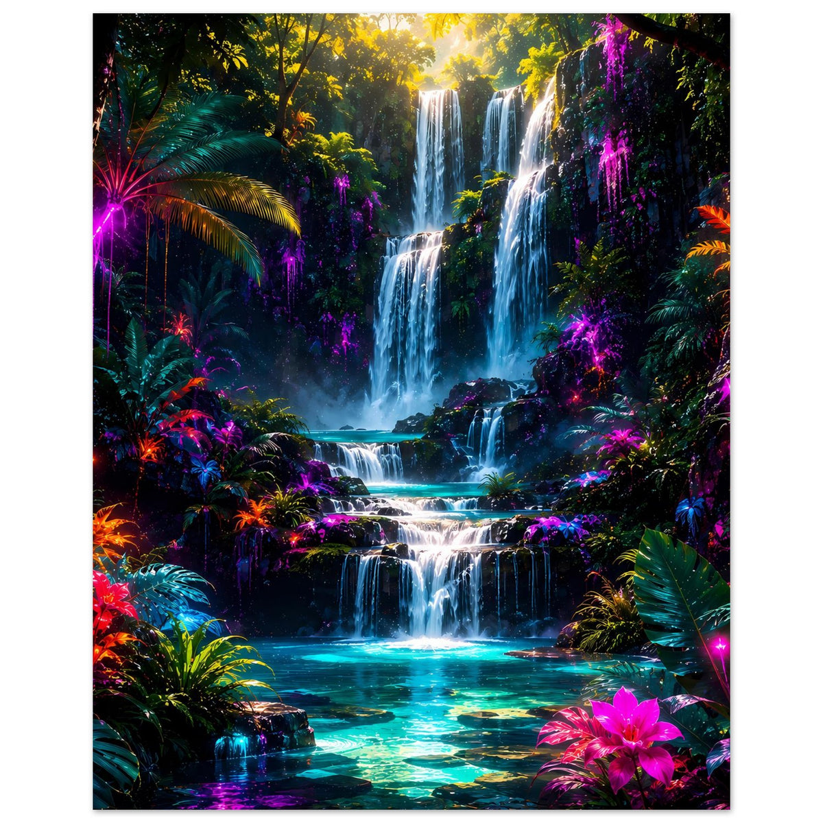 Poster mit Wasserfall im Tropenwald, Blumen und Blätter in Pink, Lila und Türkis vor Neon-Lichtern