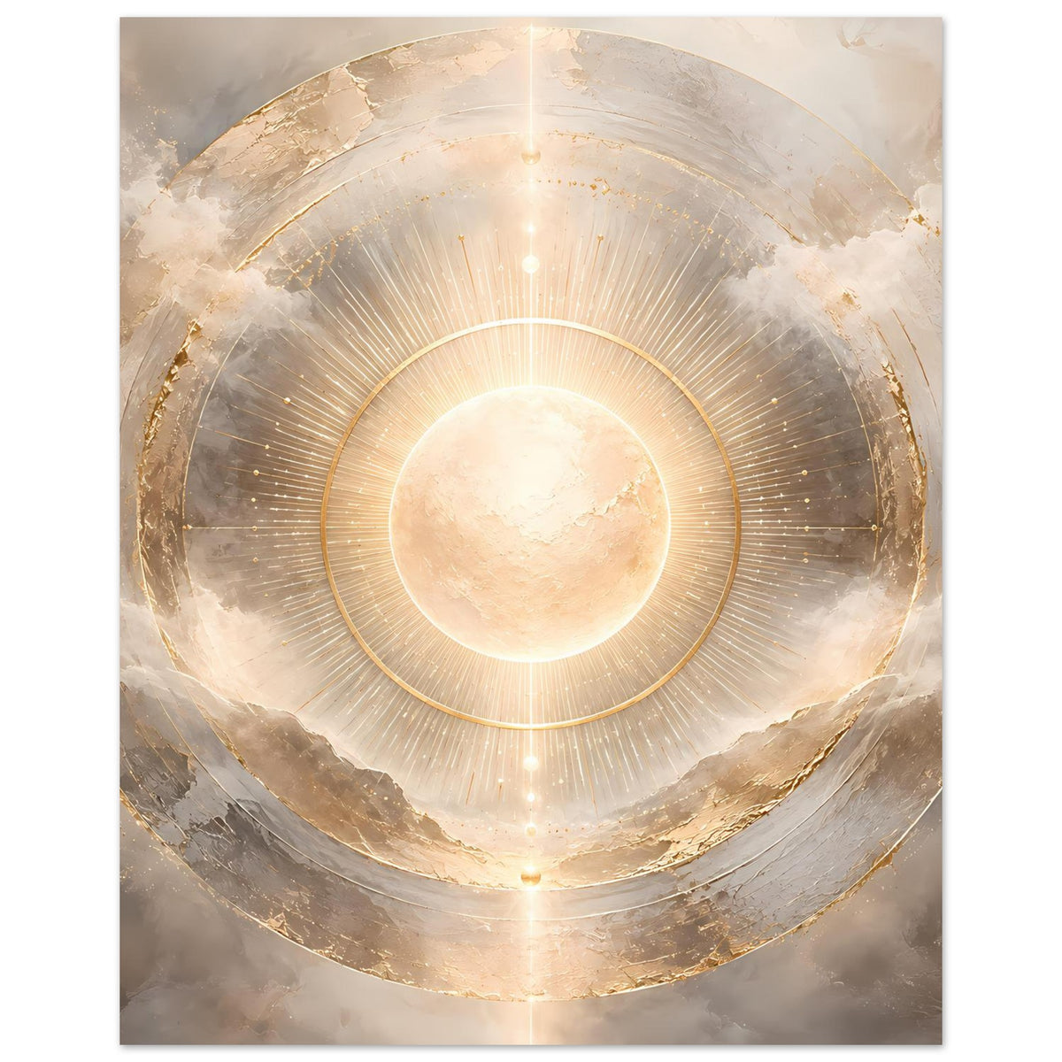 Kosmos-Poster mit goldenen Ringen, runde Lichtscheibe im Zentrum, hochkant