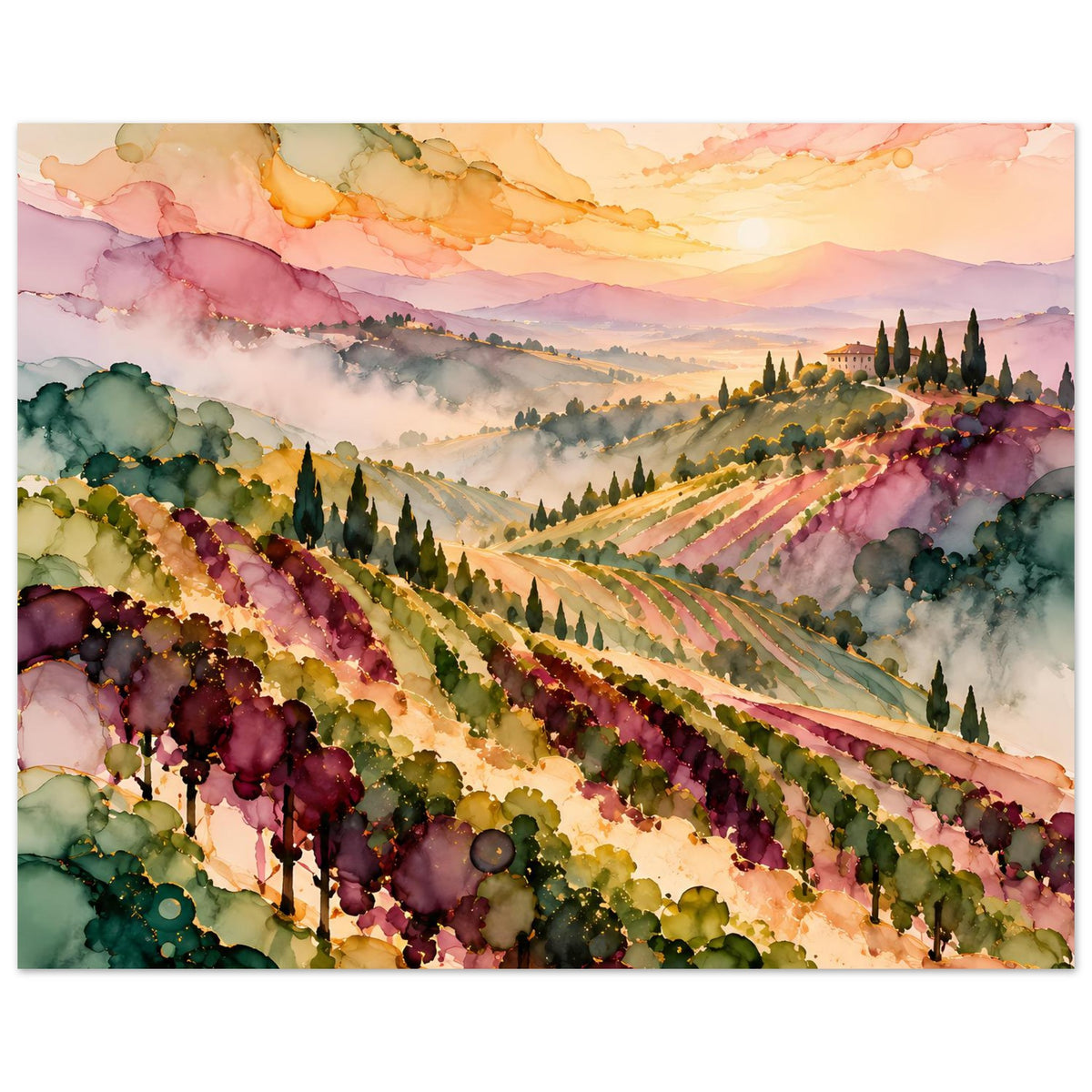 Landschaftsposter im Aquarell mit Weinbergterrassen, Zypressen, Dunst und weitem Horizont