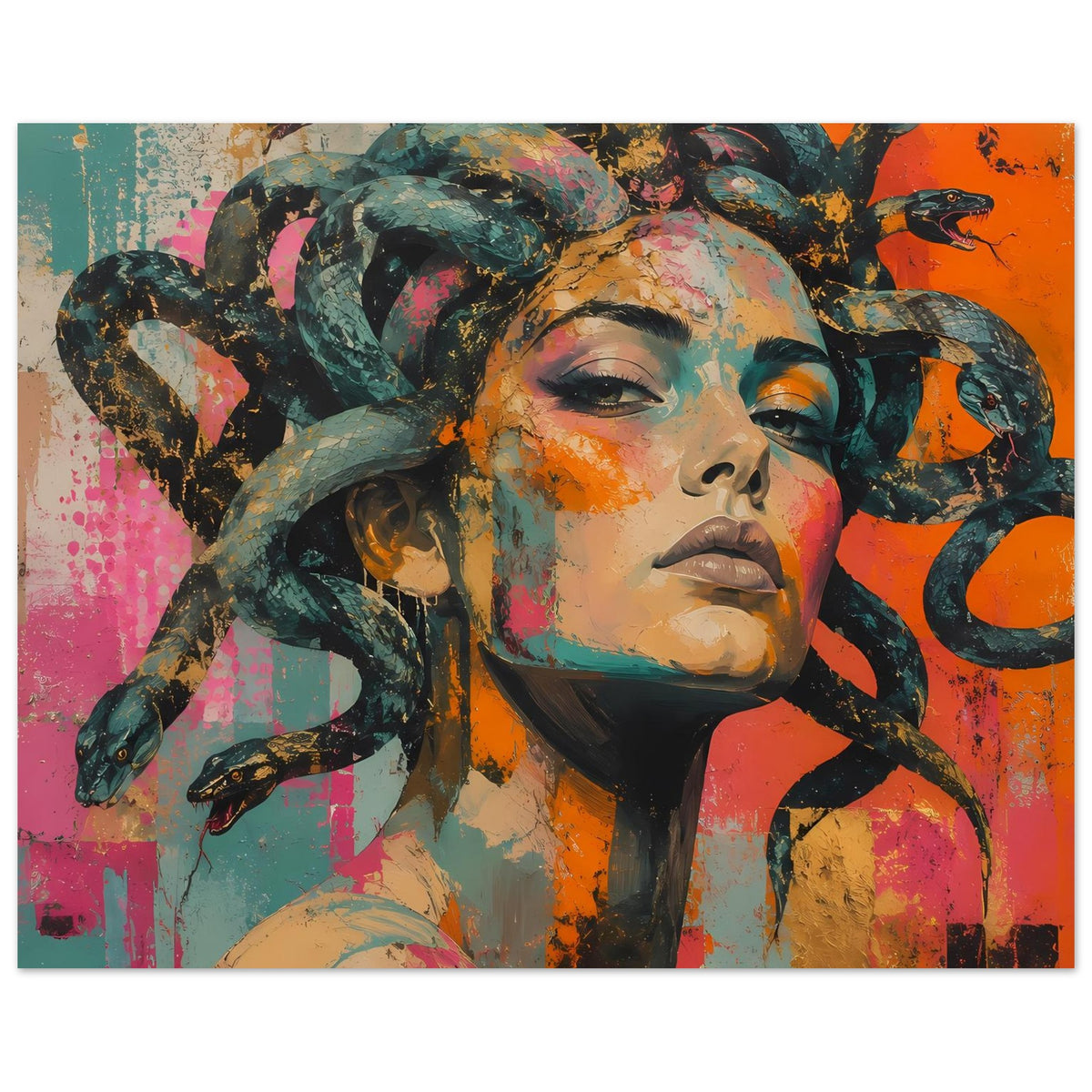 Poster Nahansicht: Medusa-Gesicht mit Schlangenhaar, orangefarbener Hintergrund, bunte Farbflecken