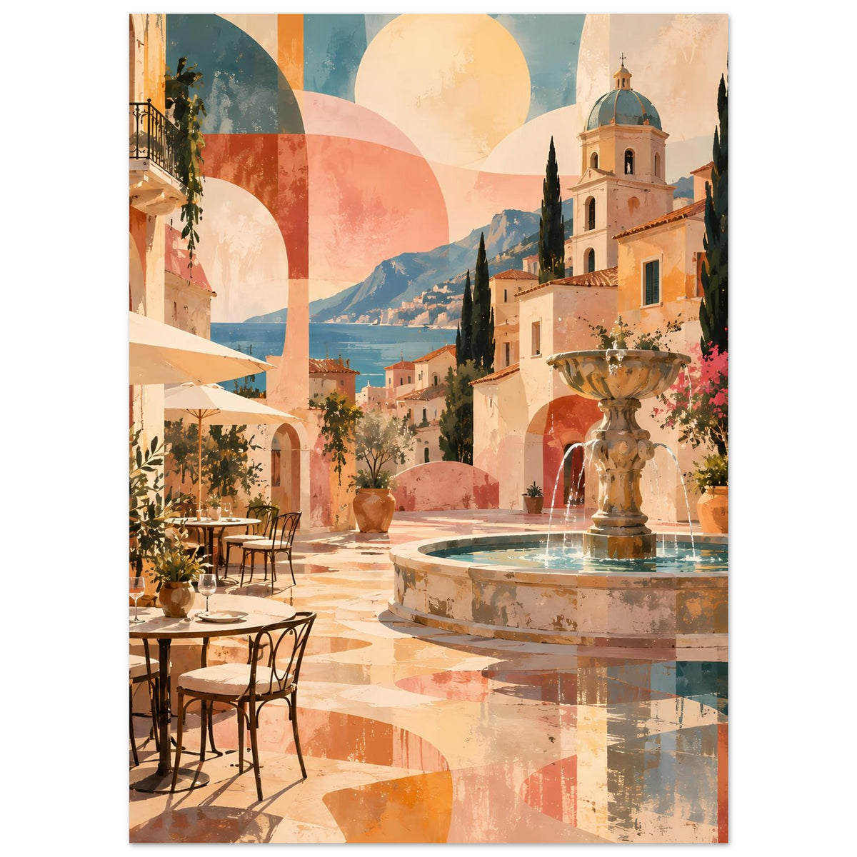 Mediterranes Poster mit Brunnenbecken, Arkaden, Säulengang und Pflanzen in warmen Pastelltönen