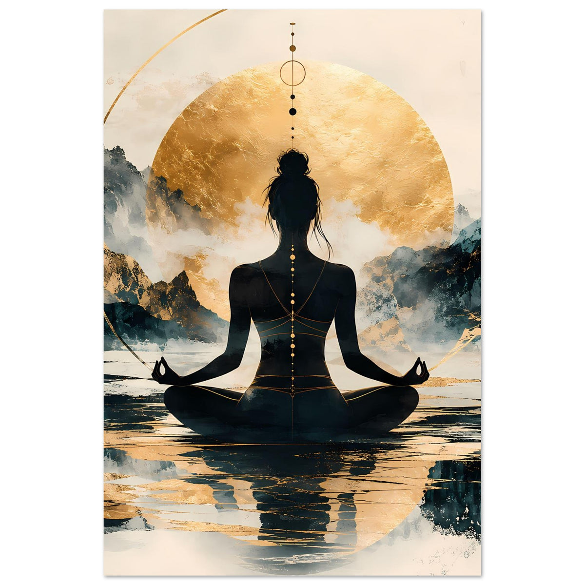 Hochformat Poster mit Meditationssilhouette im Lotussitz, goldene Scheibe und Berglandschaft