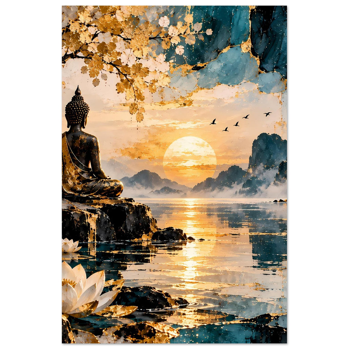 Buddha-Poster mit Sonnenaufgangslicht, Lotusteich, Spiegelungen im Wasser und goldblauen Akzenten