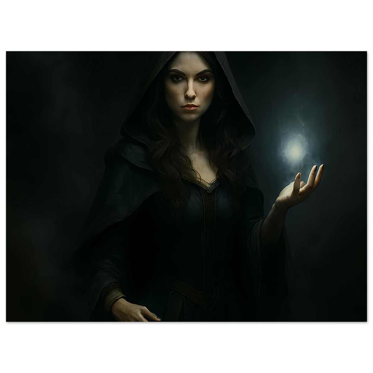 Dunkle Fantasy-Kunstprint: Kapuzenträgerin mit dunklem Gewand, leuchtende Kugel in Hand