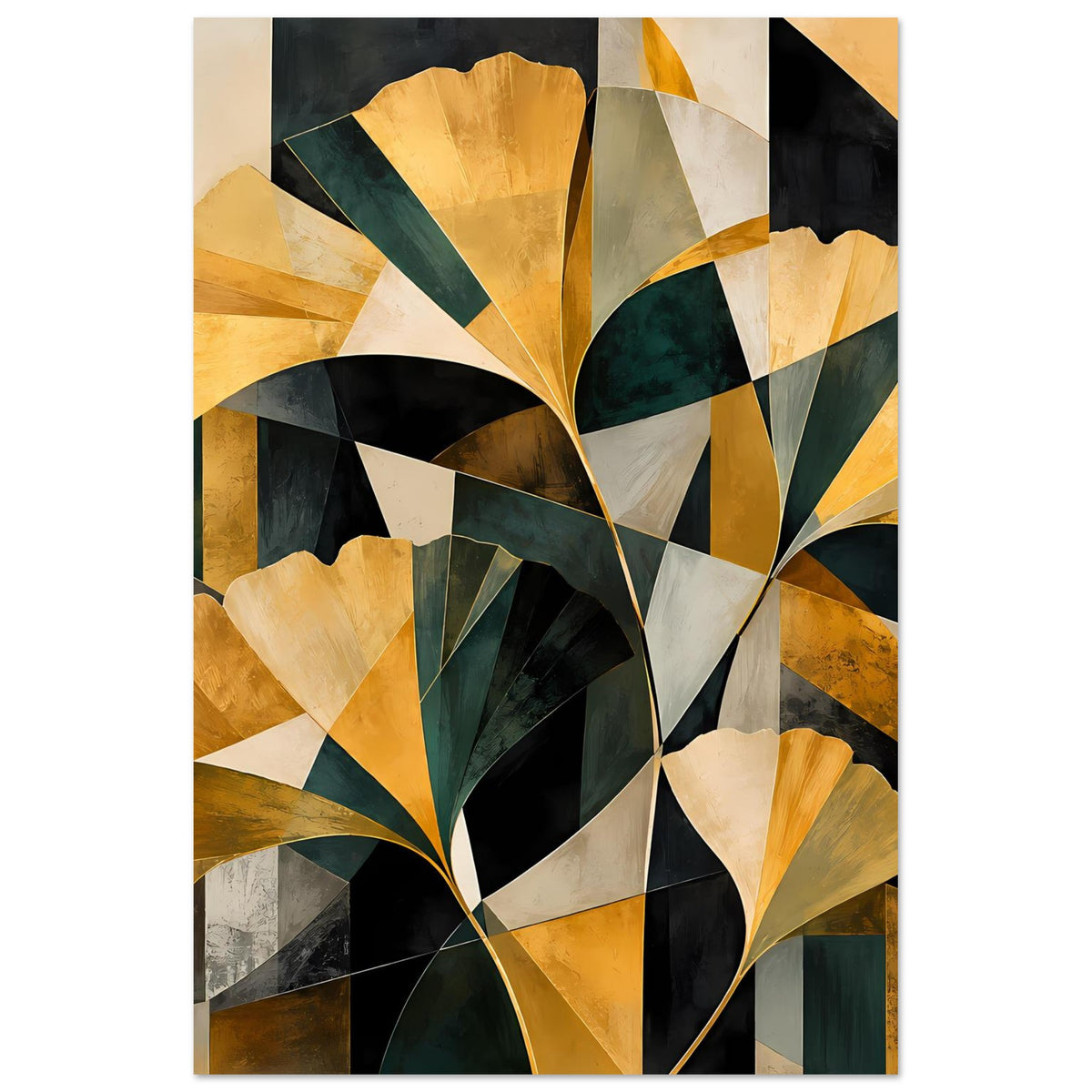 Abstraktes Floral-Poster im Hochformat: gold, tiefgrün und schwarze Kurven als Komposition