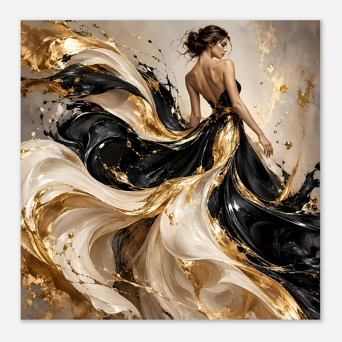Kunstposter im Quadratformat: abstrakte Wirbel in Schwarz, Gold und Elfenbein mit Figur