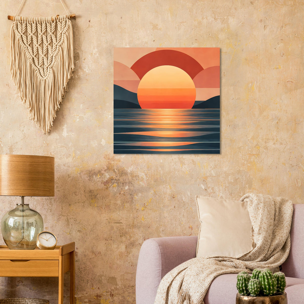 Quadratisches Poster mit orangegelber Sonne und dunklem Meer, warmes Sunset-Design