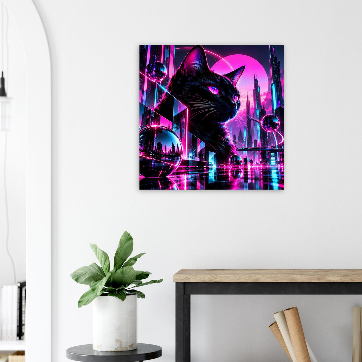 Poster-Print: schwarze Katze im Neon-Look vor magenta Cyberpunk-Stadt