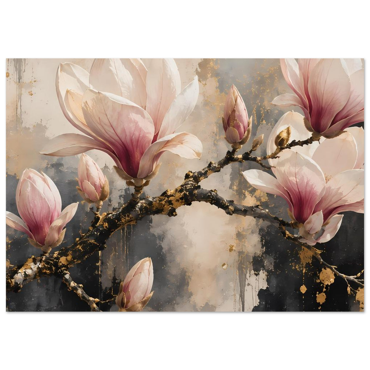 Magnolien-Blütenposter (Querformat) mit goldenen Zweigen und rosa-weißen Magnolia-Blüten