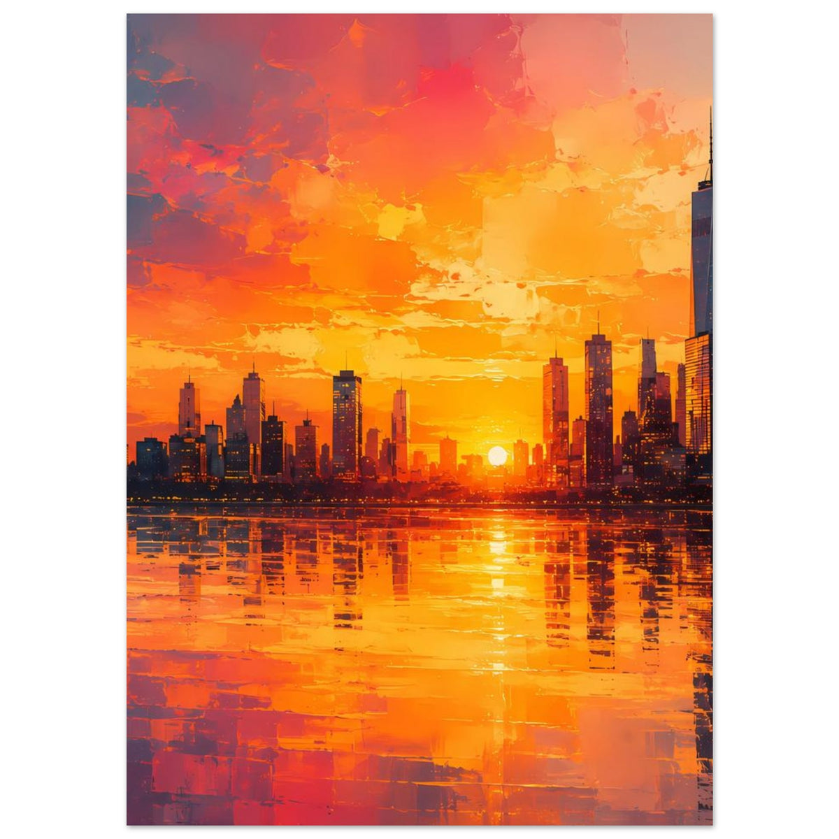 Hochkant-Poster mit Großstadt-Skyline im orangefarbenen Sonnenuntergang und Reflexionen