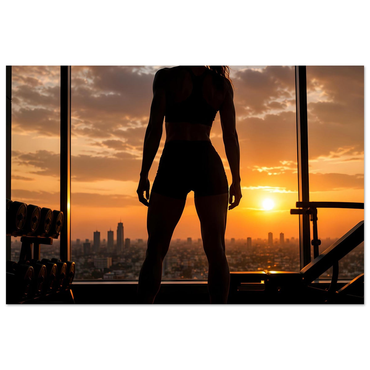 Fitness-Poster mit Silhouette einer Frau, Sonnenuntergang über einer Gym-Umgebung