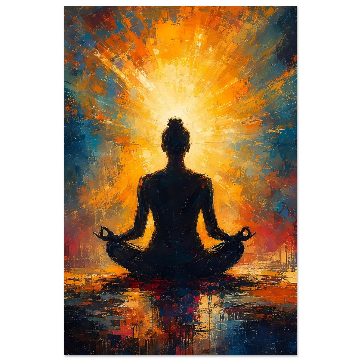 Poster im Hochformat: Meditierende Silhouette mit gelb-orangen Lichtstrahlen und blauem Hintergrund