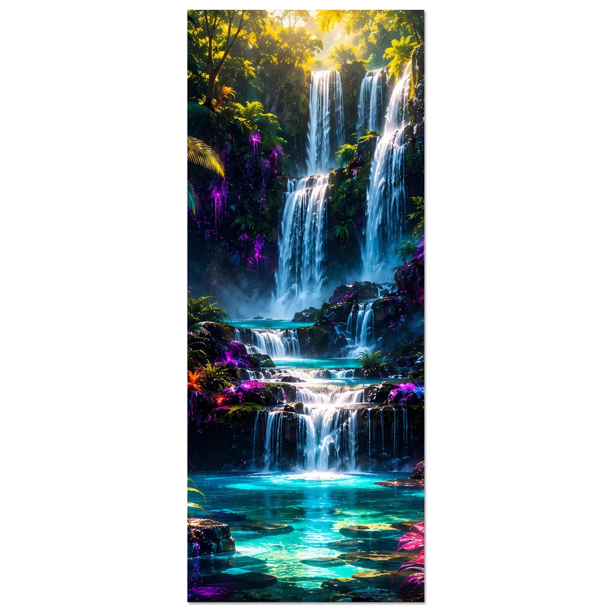 Hochformat-Poster: Wasserfall zwischen Regenwaldpflanzen, Neonfarben in Blau, Pink und Lila