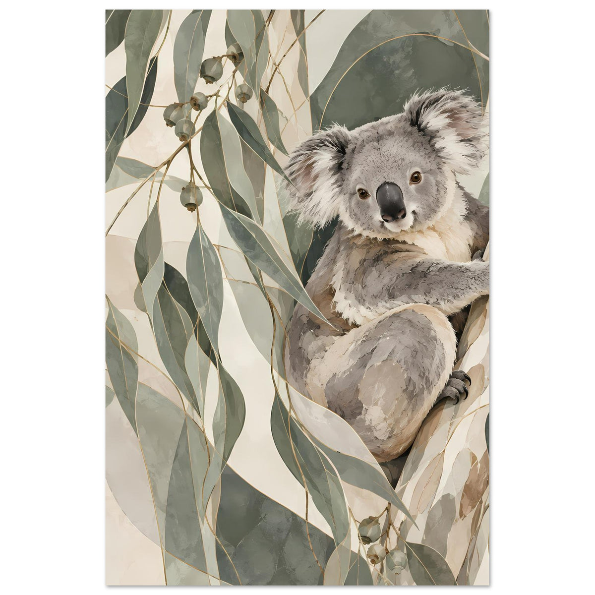 Koala-Tierposter im Hochformat mit Koala auf Ast und Blättern in Grün- und Beigetönen