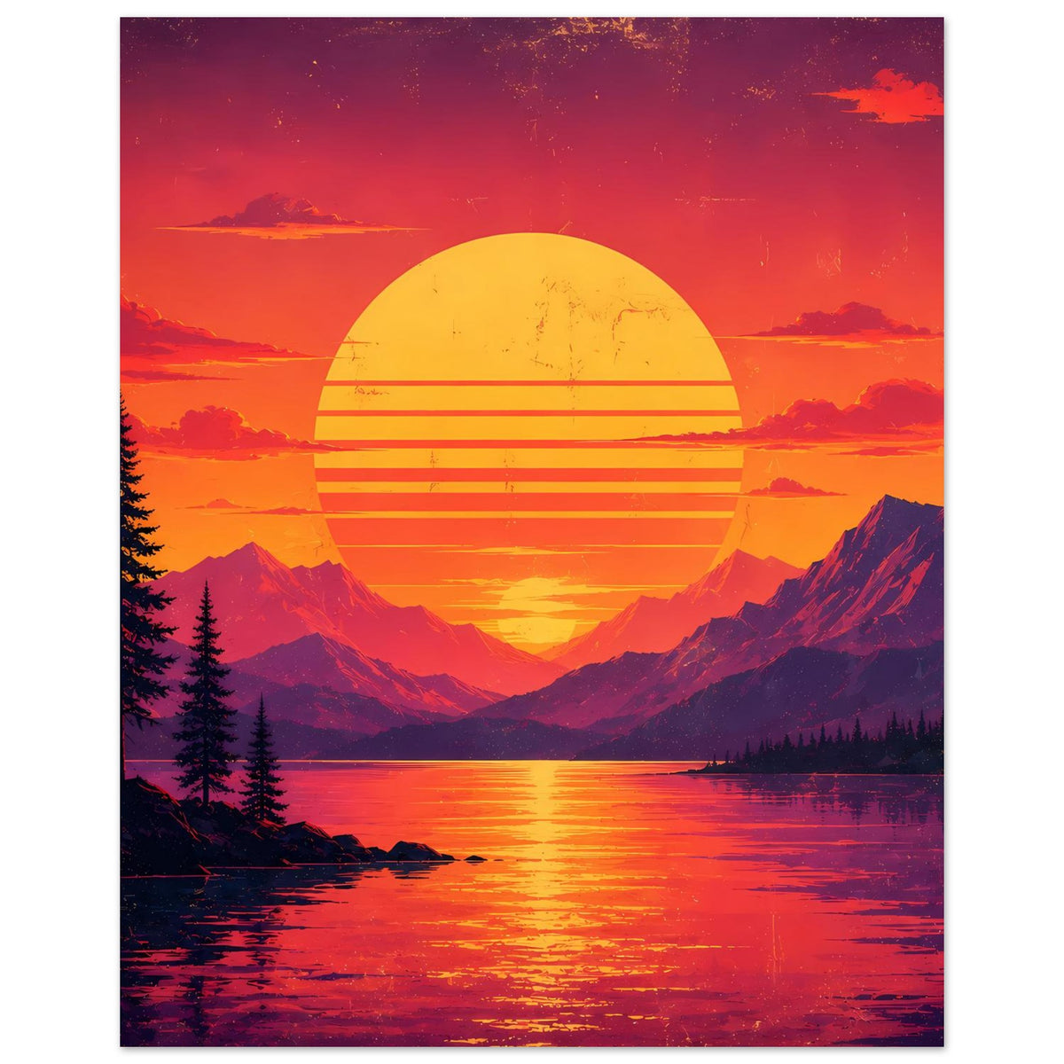Poster mit Sonnenuntergangsmotiv: gelbe Sonne, violette Berge, Tannen und See