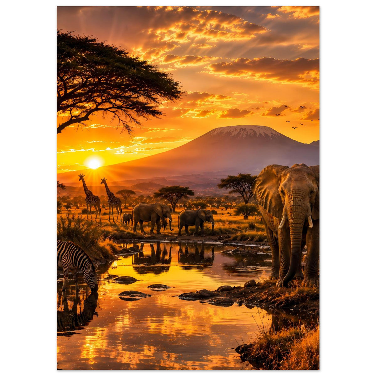 Afrika-Wildtiere-Poster, vertikal: Elefant rechts, Zebras vorn links, Giraffen mittig, warmes Abendlicht