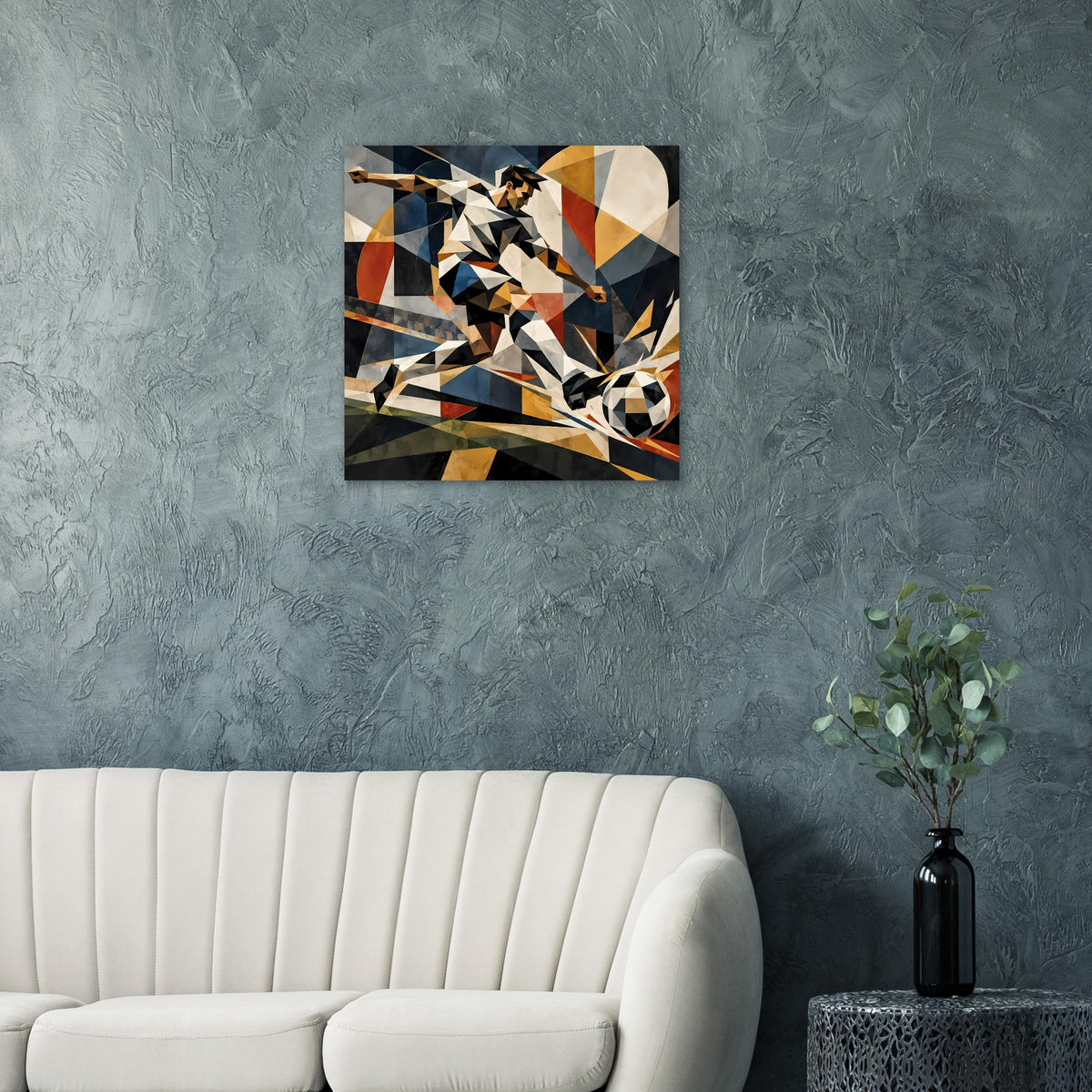 Quadratisches Poster mit abstraktem Fußballspieler in geometrischen Fragmenten, schwarz und goldbraun