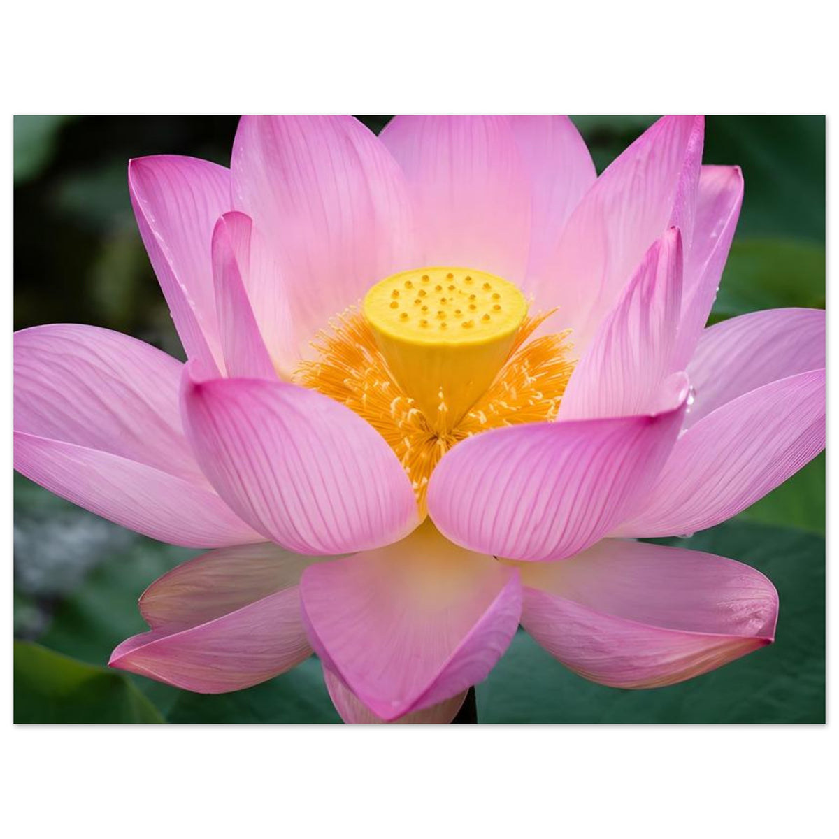Poster mit rosa Lotusblüte und gelbem Zentrum, große Blütenblätter im Vordergrund