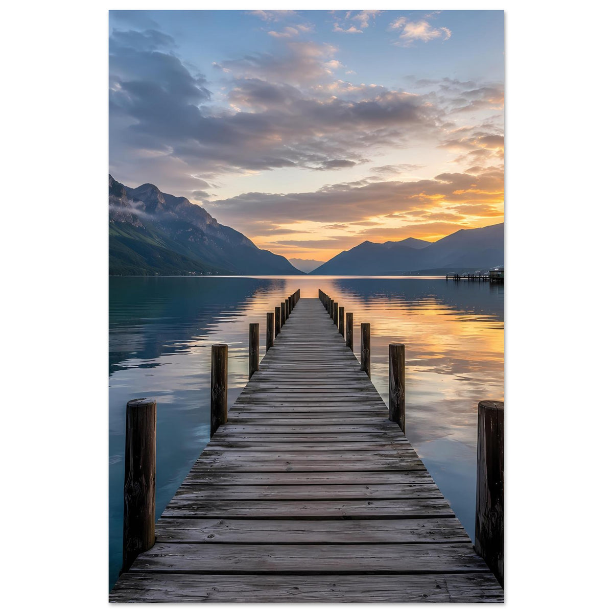 Vertikales Poster mit Steg über Wasser, Sonnenuntergang und Bergsilhouetten