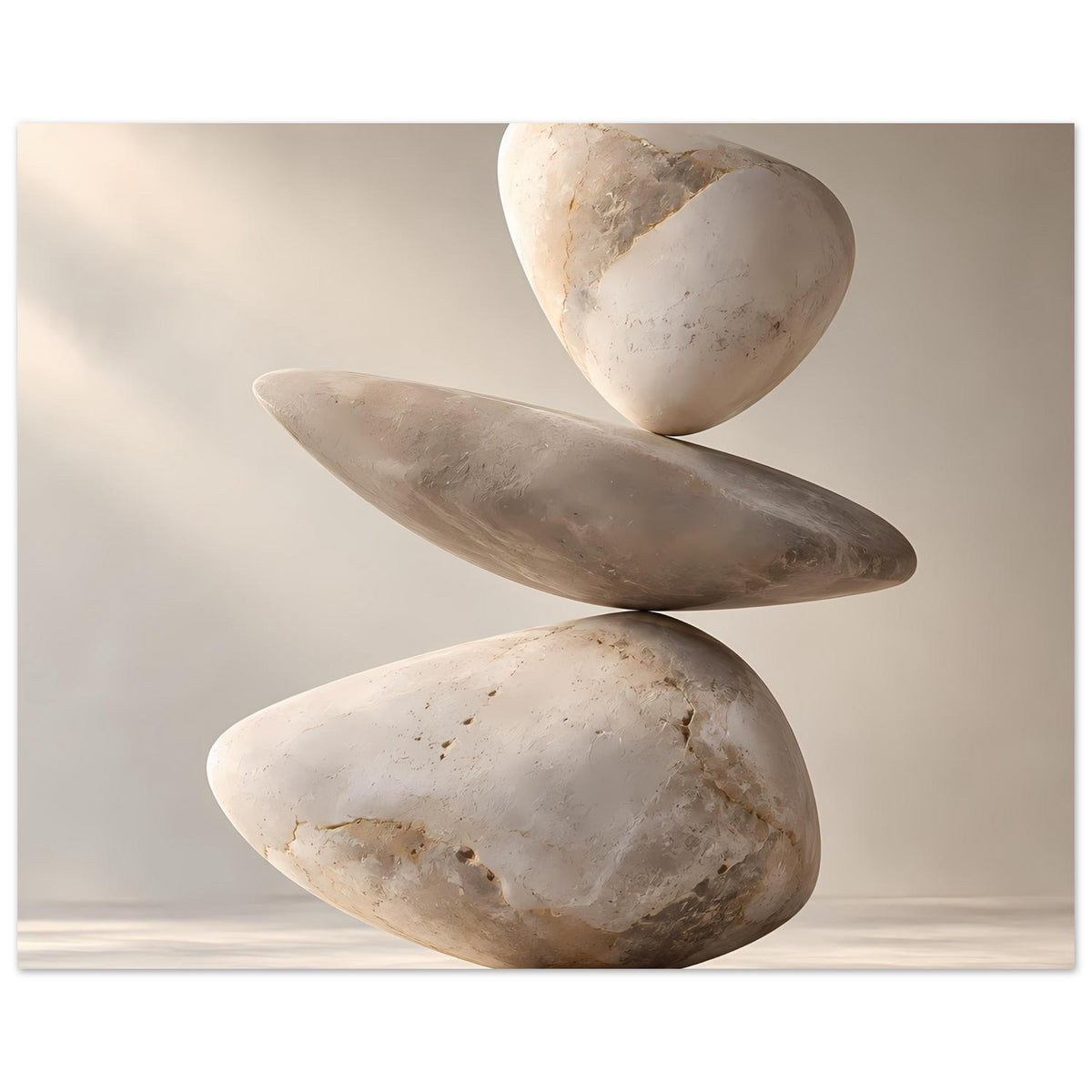 Zen-Balance-Steinturm-Kunstprint, enger Ausschnitt: herzförmiger Stein oben, ovaler Stein mittig