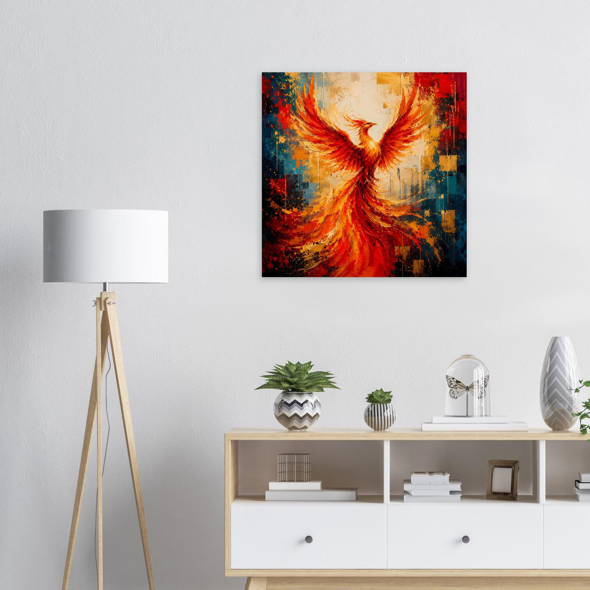 Gerahmtes Wandbild mit Phönix-Illustration, leuchtende orange Farben und blaue Akzente