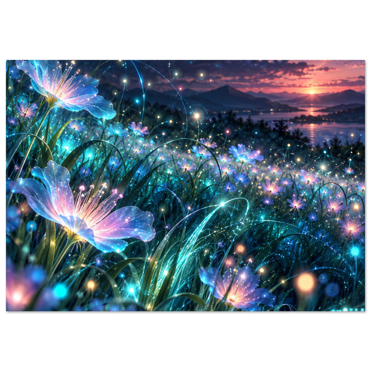 Wandposter mit farbigen Blumenlichtern und glitzernden Lichtkugeln am Abendhimmel