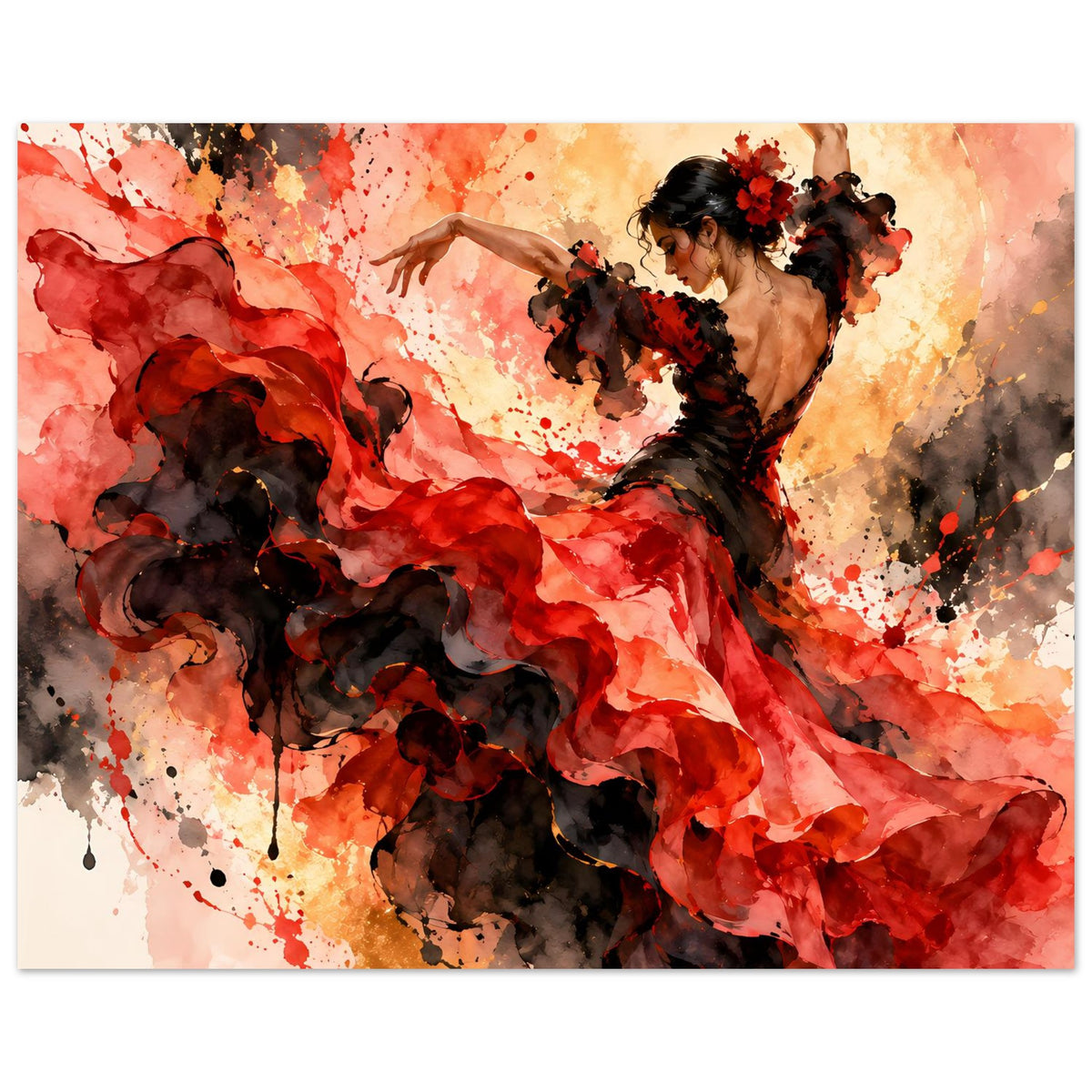 Flamenco-Tanzposter mit Tänzerin in Rot-Schwarz, ausladender Rock, Arme weit oben