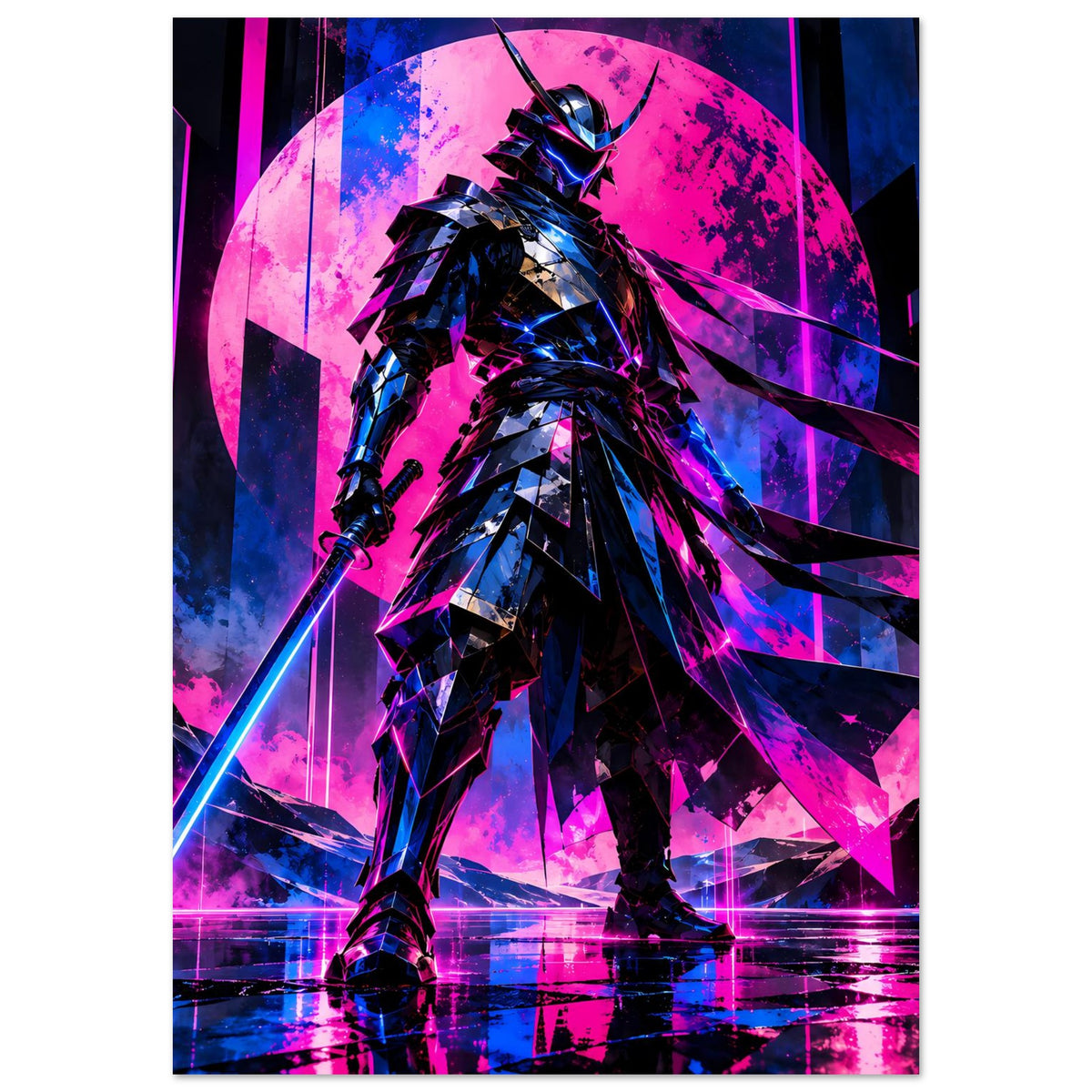 Neon-Cyberpunk-Poster (hochkant): Krieger vor geometrischen Formen, Pink und Blau, Schwert