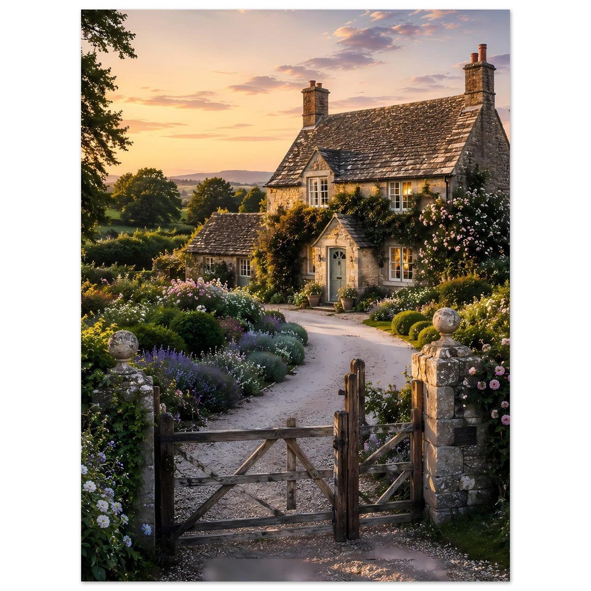 Premium-Poster: Cottage mit Blumenbeeten, Steinzaun und Gartentor im Abendlicht