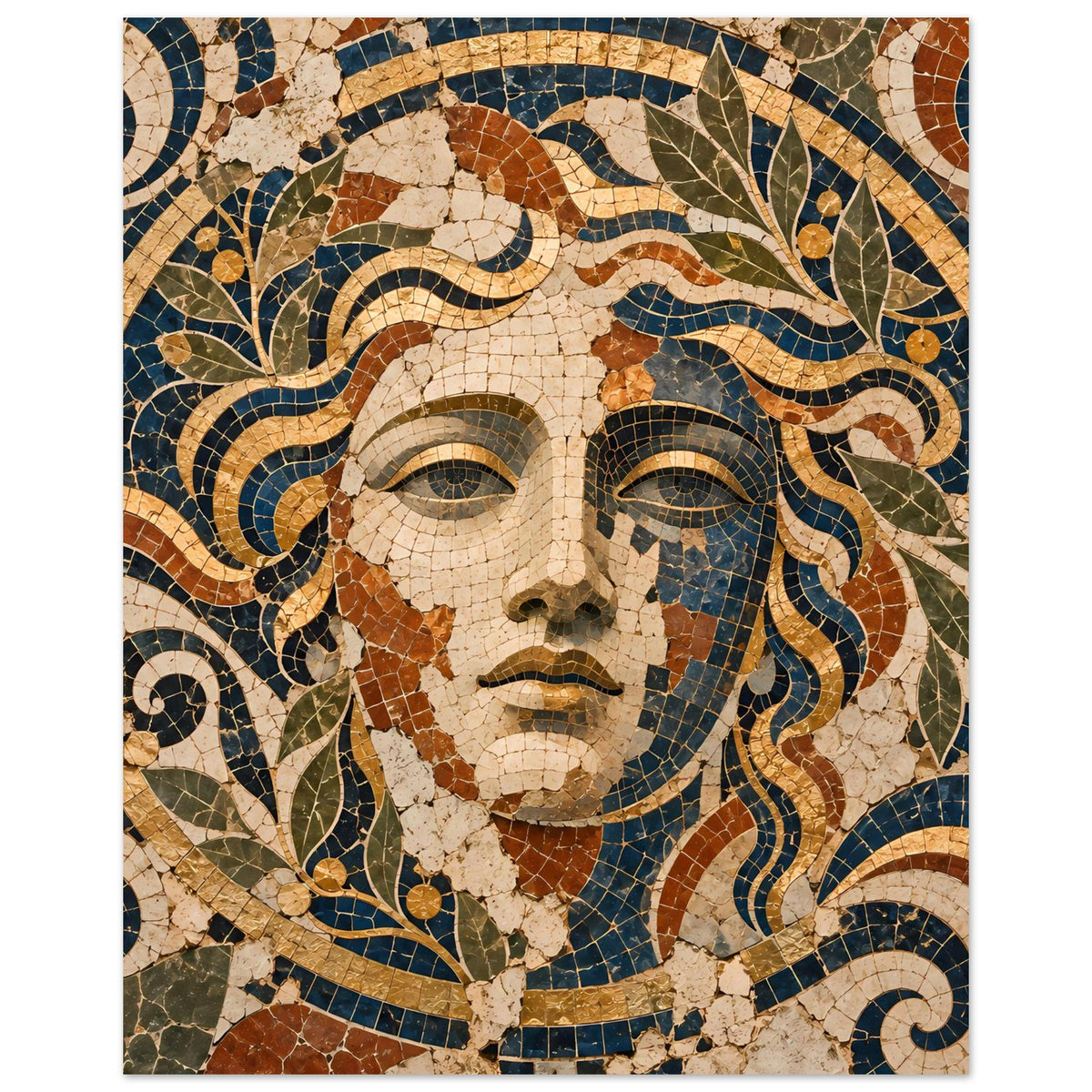 Wandposter: Mosaik-Göttin mit Stirnfries und Augen, Steinplättchen in Blau und Braun