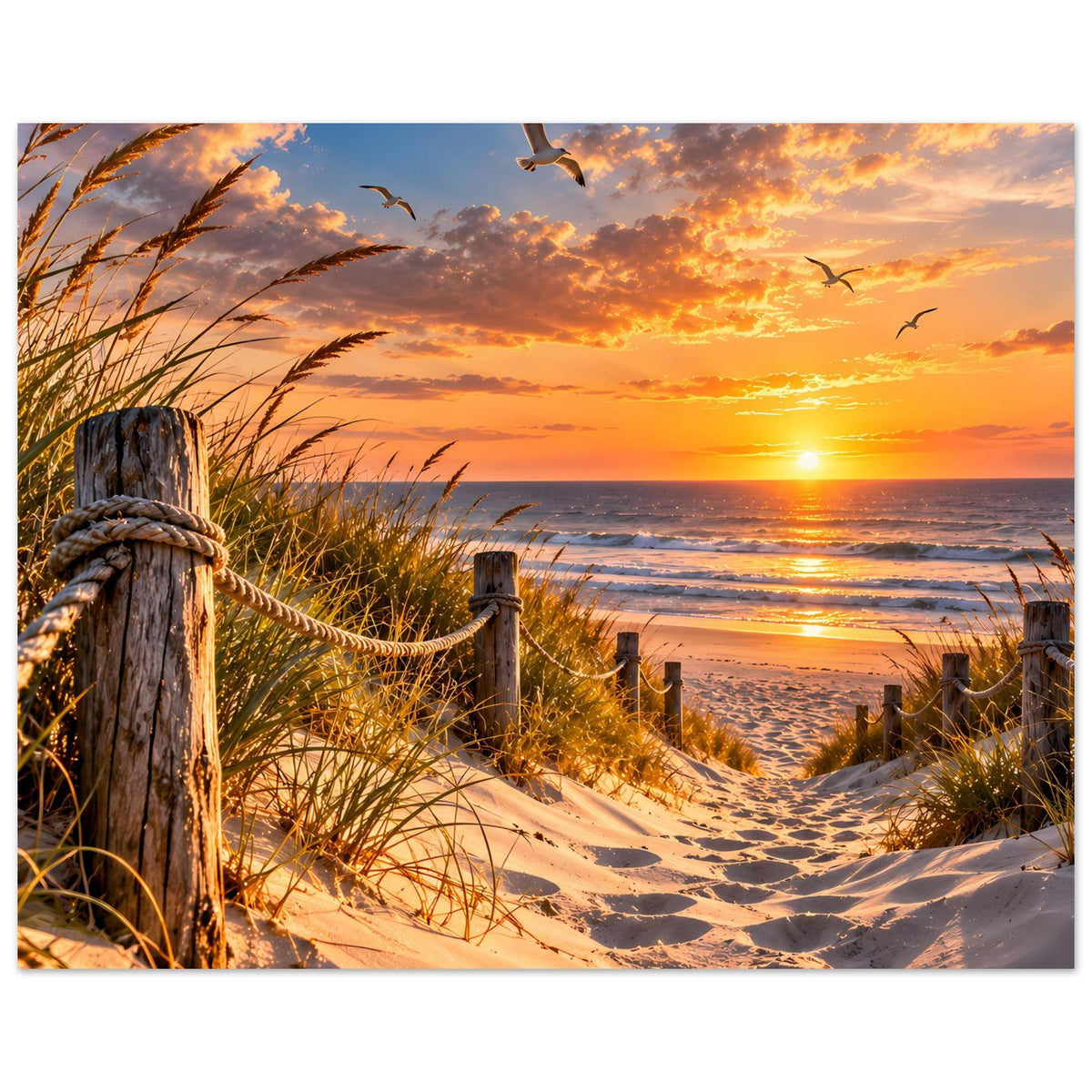 Strandposter im Querformat: Sonnenuntergang, Dünen, Schilf am Zaun, Möwen im Himmel
