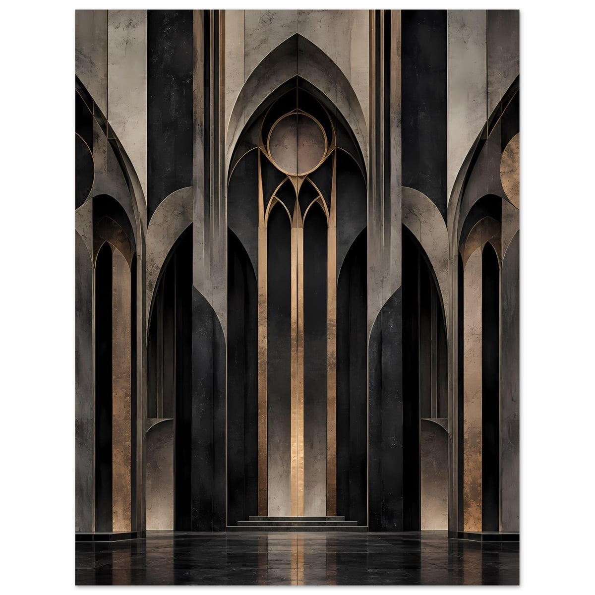 Gotisches Spitzbogen-Poster mit zentralem Portal und gewölbten Öffnungen, dunkle Säulen