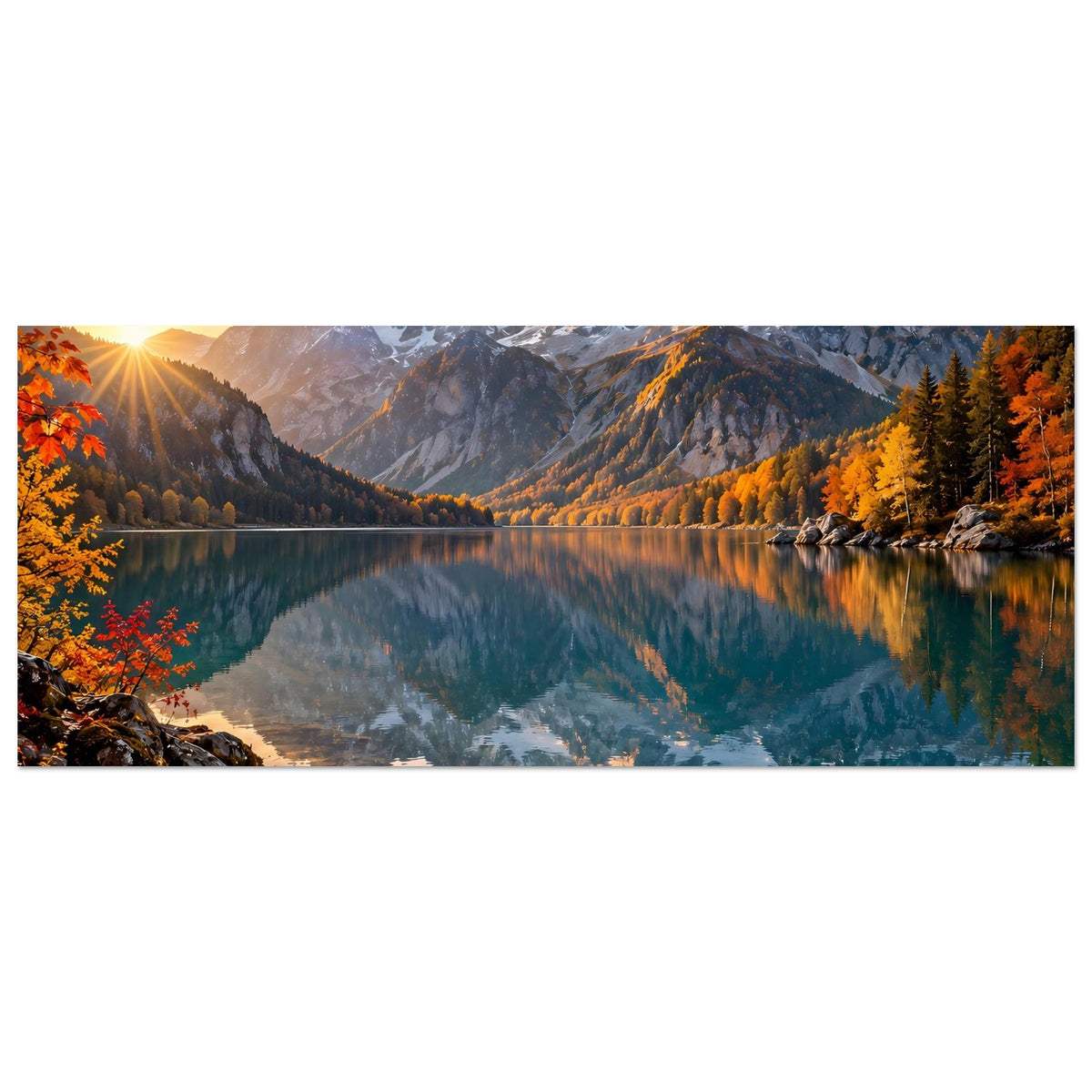 Querformat-Landschaftsposter: Sonnenaufgang über Alpen, See mit Spiegelung und herbstlichem Ufer