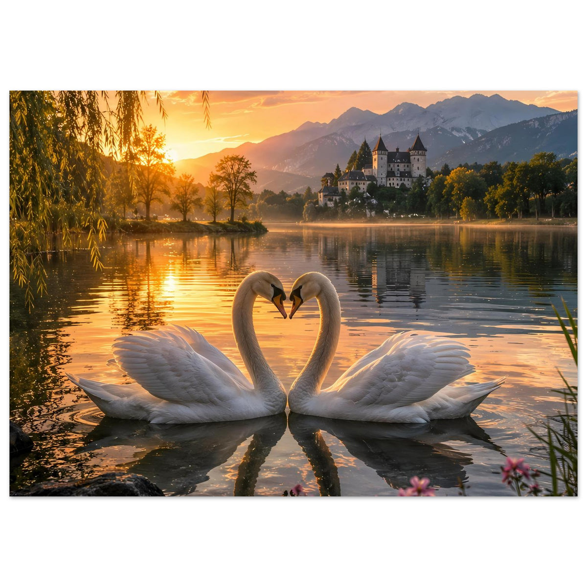 Poster mit zwei weißen Schwänen im Herzmotiv, Spiegelung im See beim Sonnenuntergang