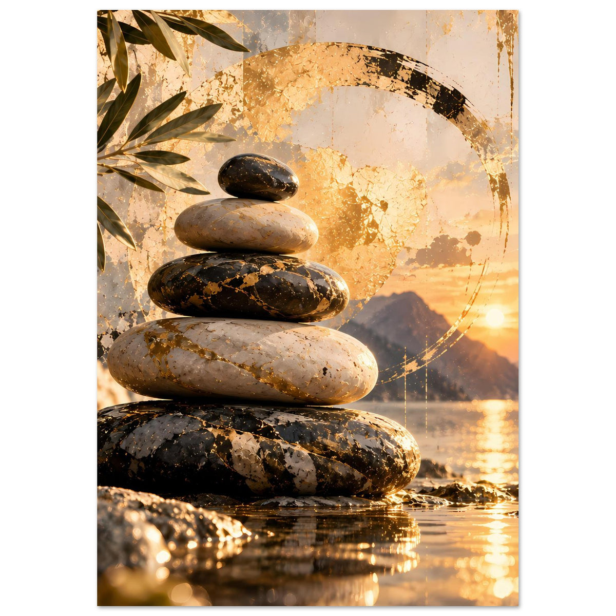 Zen-Poster im Hochformat mit Steinhaufen und Palmblatt links, Sonnenuntergang und goldener Kreisgrafik