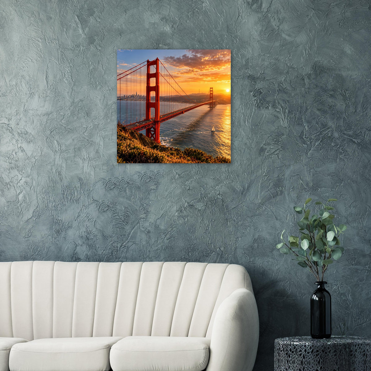 Quadratisches Poster der roten Hängebrücke bei Sonnenuntergang