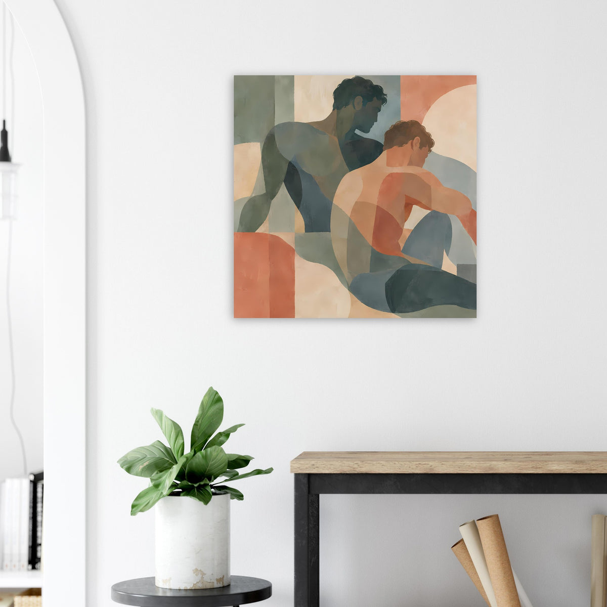 Abstrakter Kunstdruck mit zwei Figuren in warmen Farben, quadratisches Motiv